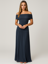 Bella | Women's Wedding Guest Pleated Maxi Dress Navy Blue
