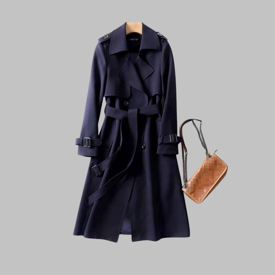 Tia - Elegant Knee-Length Loose Fit Coat Navy Blue