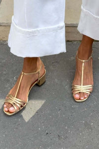 Freya – Metallic T-Bar Buckle Block Heel Sandals