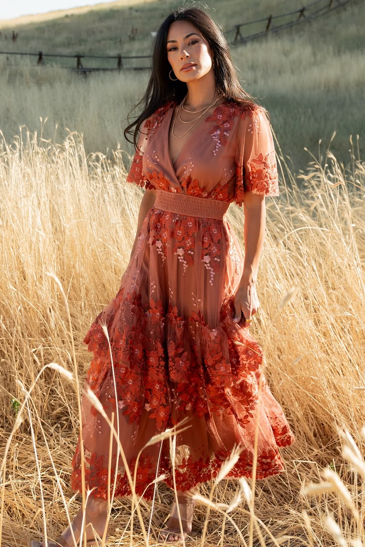 Lotte Embroidered Midi Dress Rust