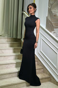 Chic Black High Collar Sleeveless Satin Mermaid Column Floor Length
