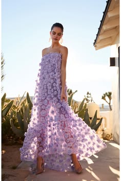 Lavender Floral Applique Gown 3D Flower Strapless Wedding Guest Dress