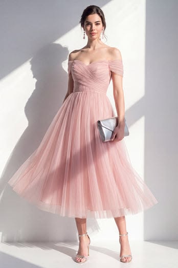Tull Rouge Ohne Schulter A Linie, Gerafftes Midi Kleid Dress