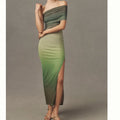 Dress Olive To Forest Green Ombre Off Shoulder Maxi Dress Color: Green