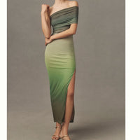 Dress Olive To Forest Green Ombre Off Shoulder Maxi Dress Color: Green
