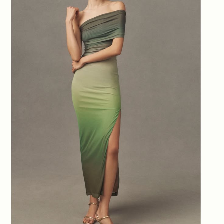 Dress Olive To Forest Green Ombre Off Shoulder Maxi Dress Color: Green