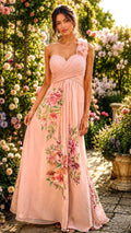 Hand Painted Floral Chiffon Maxi Dress, Blush Pink Bridesmaid Garden