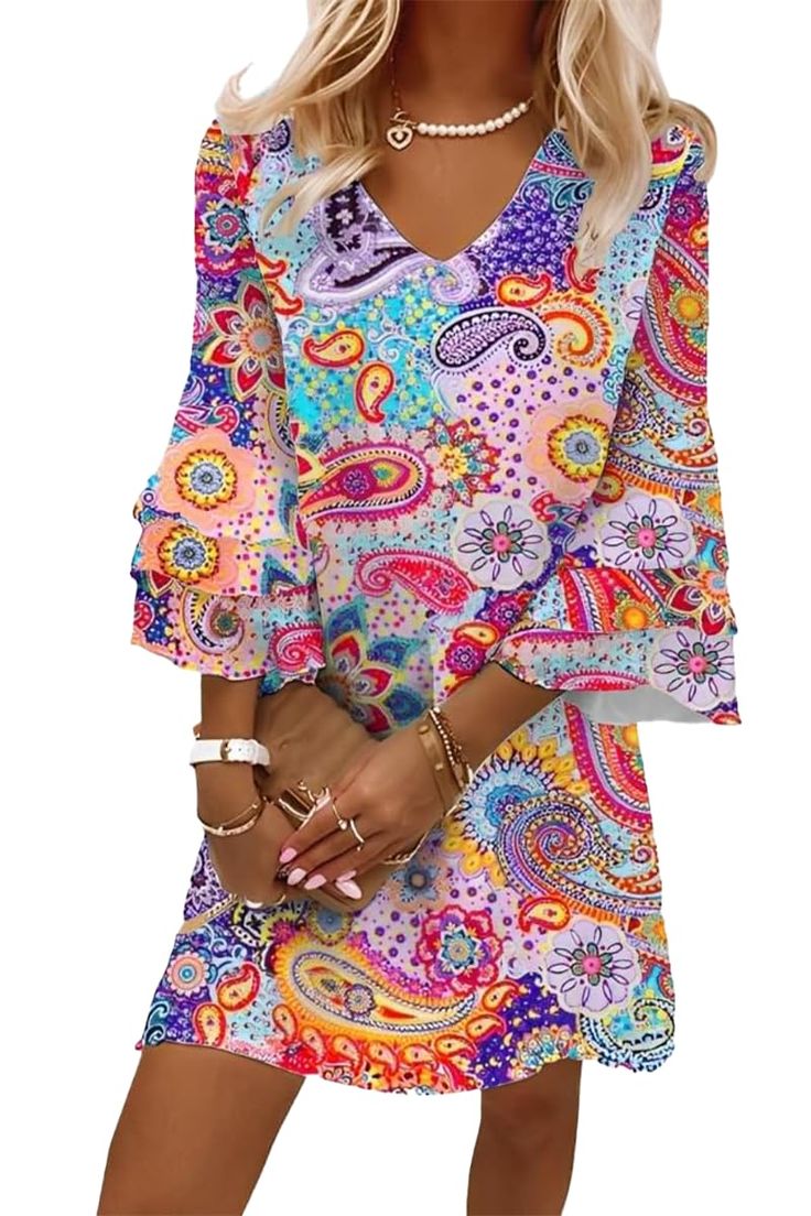 Depensl Summer Dress For Women 2026 3 4 Bell Sleeve Mini Dress Boho