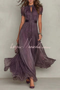 Elegant Lace Trim Keyhole Puff Sleeve Flowing Chiffon Maxi Dress