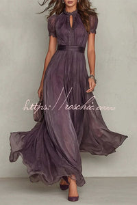 Elegant Lace Trim Keyhole Puff Sleeve Flowing Chiffon Maxi Dress