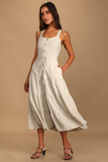 See The City Beige Button Front Tiered Midi Dress