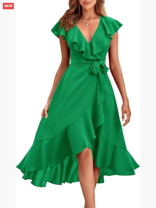 Sleeveless Midi Dress With V Neck Ruffle Hem Split Front Tie Waist