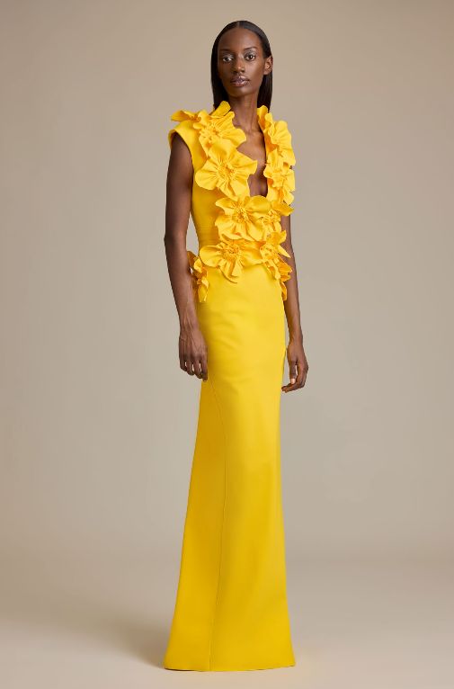 GRETA CONSTANTINE - REDRICK - FLORAL APPLIQUE EVENING GOWN - Navy