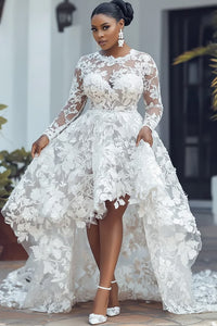 Xpluswear Design Plus Size Wedding White Round Neck Long Sleeve See