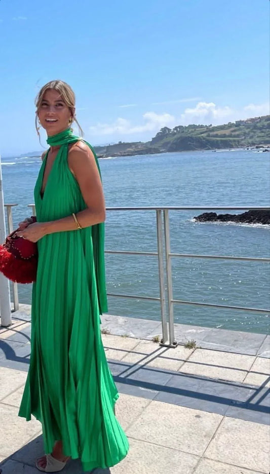 Pink Green Fashion V Neck Elegant Long Satin Evening Dress Party Dress