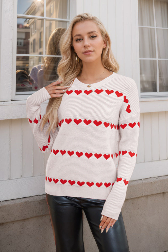Runael Heart Print Crew Neck Sweater