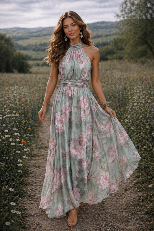 Boho Floral Dress For Women, Wedding Guest Dress, Green Maxi Dress,