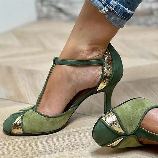 Women's Vintage T-Strap Heels, Green & Gold Faux Suede Retro Pumps for Gatsby Party, Wedding Guest & Special Occasion 20