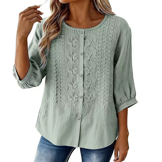 Sarah - Embroidered Cotton and Linen Blouse
