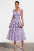 Lila A Linie V Ausschnitt Midi Blumenkleid Mit Schleife Dress