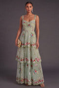 Green Sparkly Floral Sequin Thick Straps A Line Long Wedding Guest