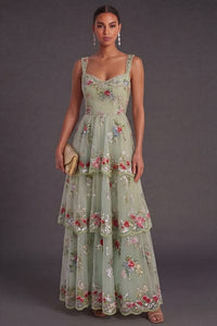 Green Sparkly Floral Sequin Thick Straps A Line Long Wedding Guest