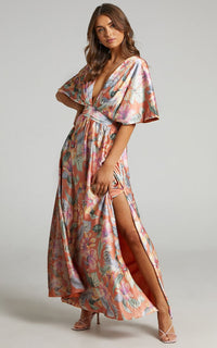Sophia Maxi Dress Plunge Neck Bat Wing Sleeve Dress In Multi Floral