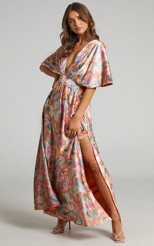 Sophia Maxi Dress Plunge Neck Bat Wing Sleeve Dress In Multi Floral