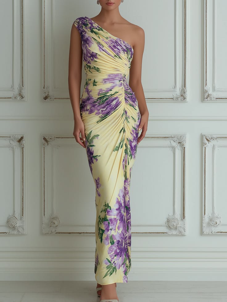Yellow Purple Floral One Shoulder Ruched Maxi Dress Yellow 2