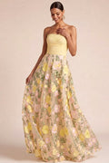 Light Yellow Floral A Line Long Formal Dress