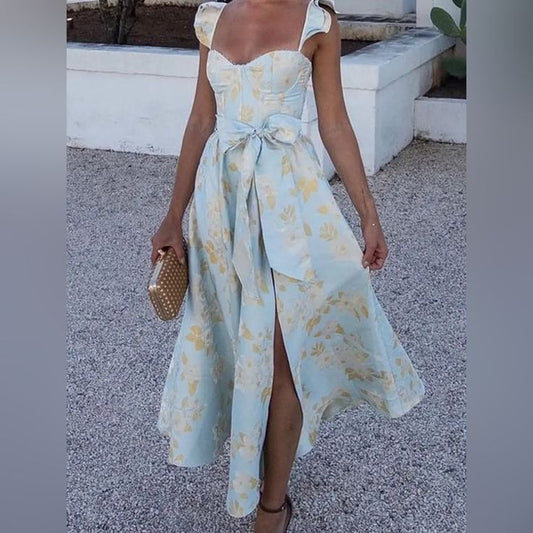 Vintage Elegant Print Frenulum Square Collar Princess Dress Color: