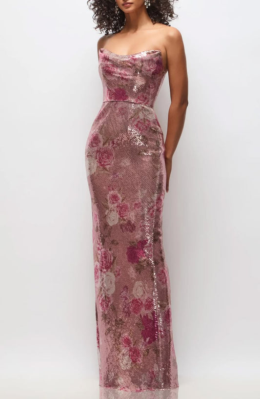 Cassandra Floral Sequin Strapless Column Gown (Women)