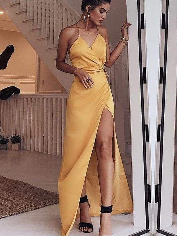 Spaghetti Straps Floor Length With Sash Ribbon Belt Satin Dress
