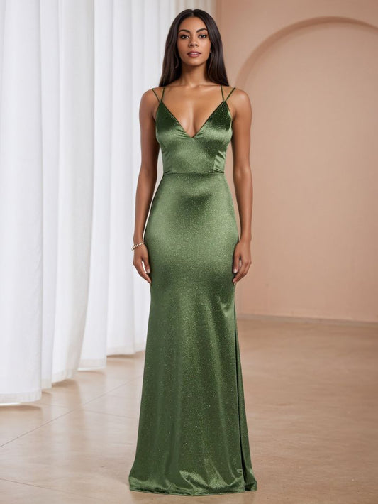 Dark Olive Green V Neck Sheath Column Spaghetti Straps Wedding Guest