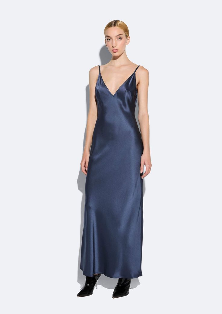 Satin Slip Dress In Ink Blue