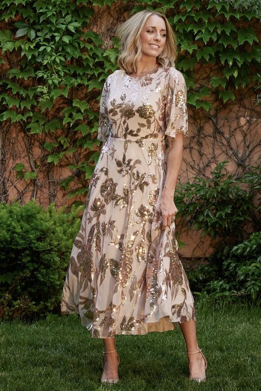 Womens Destiny Sequin Maxi Dress Rose Gold Size: Small