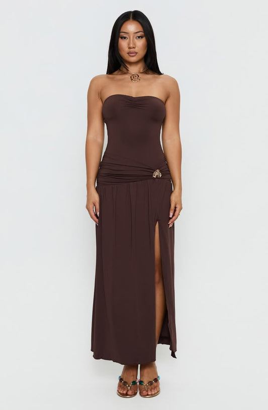 Alexe Ruched Strapless Maxi Dress In Chocolate At