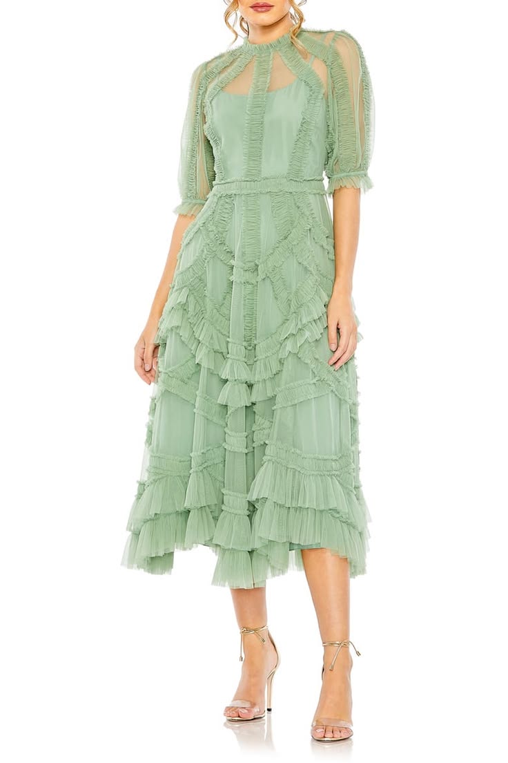 Women's High Neck Puff Sleeve Ruffle Tiered Dress (Women)