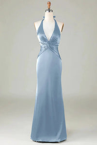 Women Mermaid Halter Dusty Blue Long Satin Bridesmaid Dress Sheath