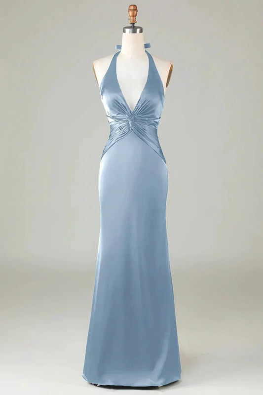 Women Mermaid Halter Dusty Blue Long Satin Bridesmaid Dress Sheath