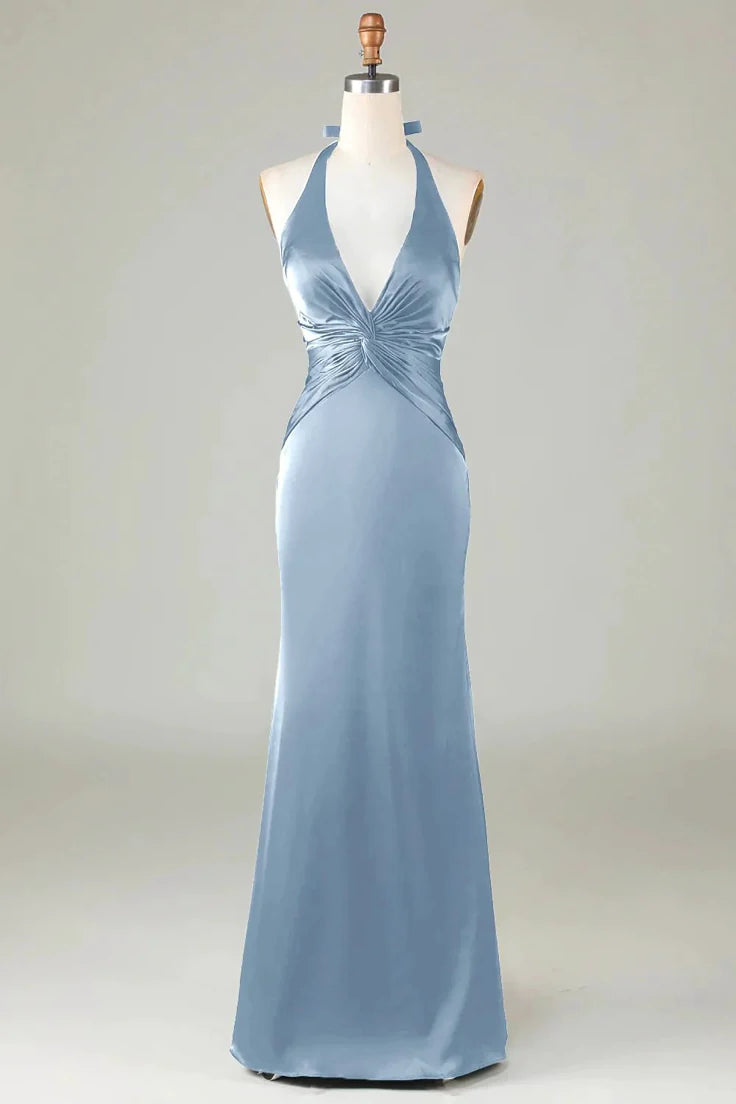 Women Mermaid Halter Dusty Blue Long Satin Bridesmaid Dress Sheath