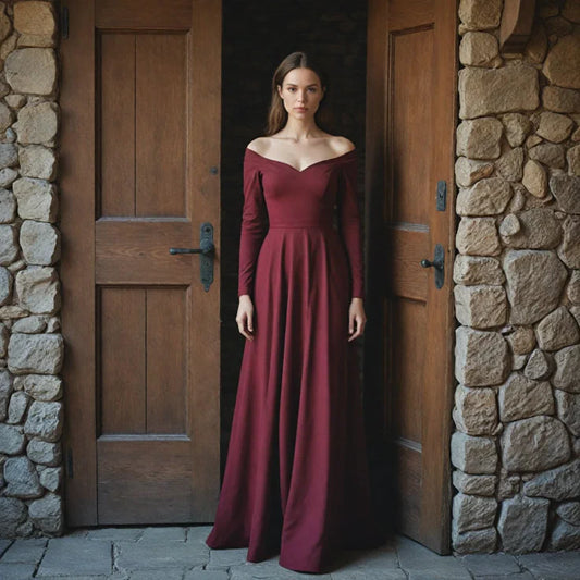 Renaissance Burgundy Off Shoulder Dress Halloween Maxi Dress For Her