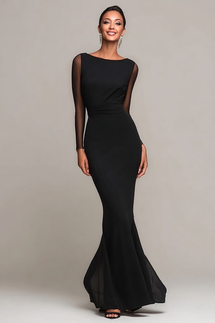 Black Mermaid Maxi Ball Gown with Boat Neckline