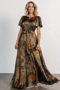 Agnes Satin Maxi Dress, Brown Floral, Lined