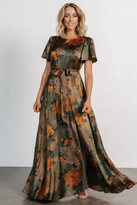 Agnes Satin Maxi Dress, Brown Floral, Lined