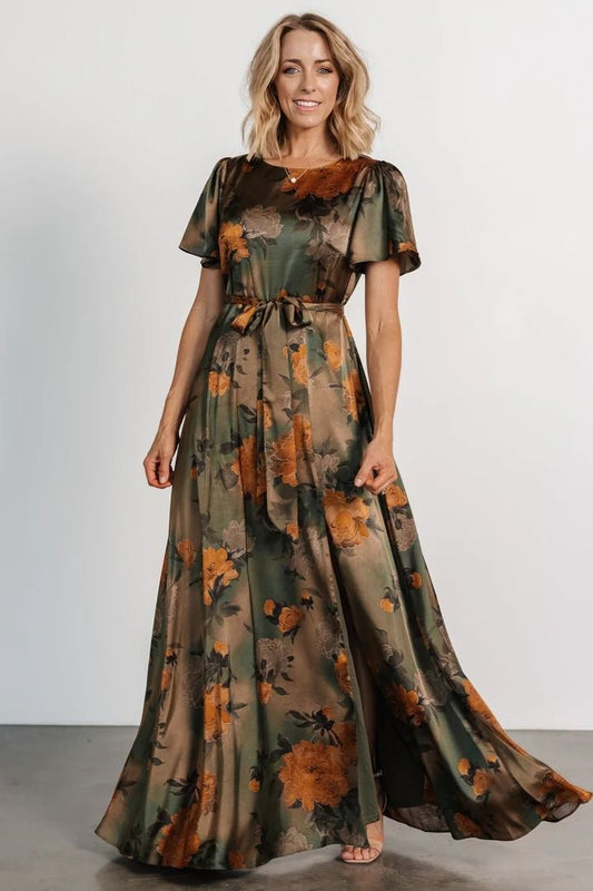 Agnes Satin Maxi Dress, Brown Floral, Lined