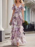 Cold Shoulder Floral Tiered Maxi Dress Lavender M(8 10)