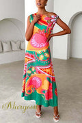 Asymmetric Shoulder Unique Print Swing Maxi Dress