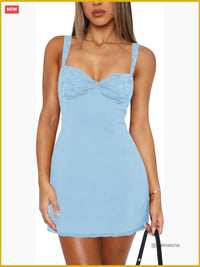 Sleeveless Square Neck Lace Bodycon Mini Dress in Blue