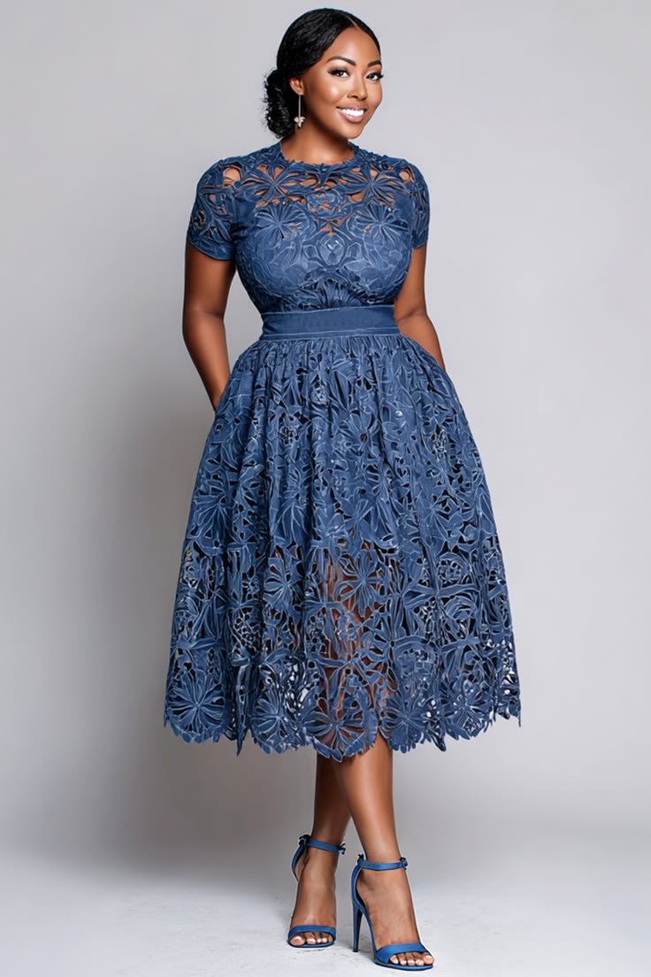 Xpluswear Design Plus Size Cocktail Party Blue Round Neck Short Sleeve